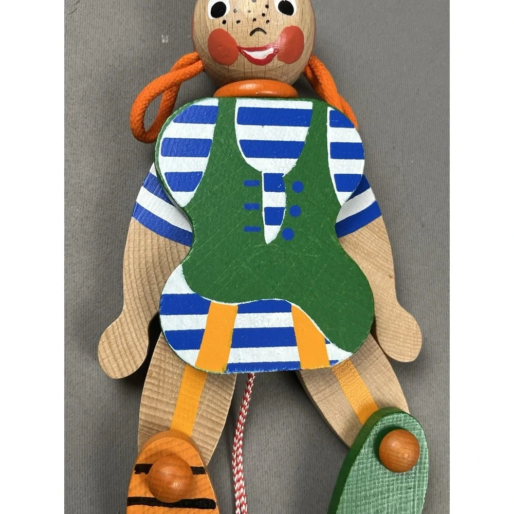 Vtg Original M Gschnitzer Austria Pippi Longstocking Ginger Wood Pull String Toy
